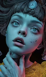 a woman is dressed up with gears and eyes