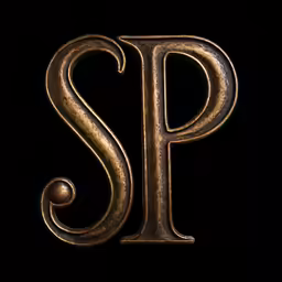 an illuminated gold letter s on a black background