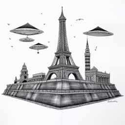 drawing - eiffel tower - paris, france with flying alien saucers by janis nieze,this is a drawing of a city with a tower and many flying objects