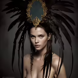 young woman in costume with wings on head, artistically displaying