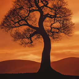 the silhouette of a large tree against an orange sky