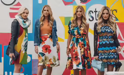 three women standing on a wall wearing dresses with flowers