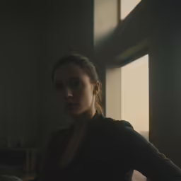 a woman standing in a darkened room looking into the distance