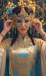 a woman in blue and gold has a mask on her head