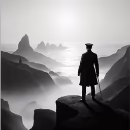 a man standing on top of a cliff in the fog