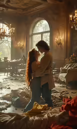 the pair is embracing under the chandelier in the messy room