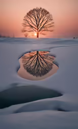 a tree reflecting in water with a pink sunset in the background