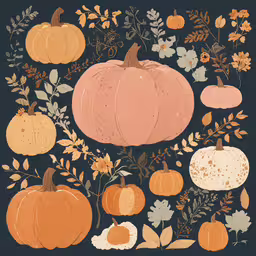 a painting of a pumpkin surrounded by flowers,the pumpkins and flowers are on a black surface