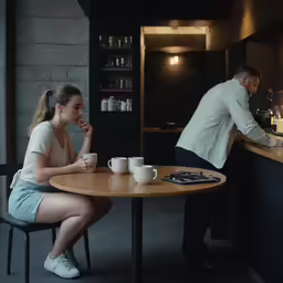 a man preparing breakfast at a counter to his girlfriend