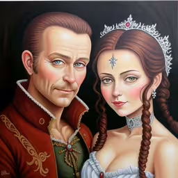 a painting of a woman wearing a crown and man wearing a renaissance dress,a painting of a couple wearing red and green clothing