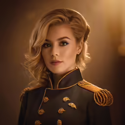 a woman in a military outfit with a serious look on her face