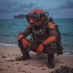 a man in orange and black diving suit kneeling on beach