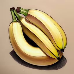 some bananas that are on a plate,a painting of a bunch of bananas on a piece of paper,a drawing of an image of bananas, with a piece of the peel lying beside it,a drawing of a bunch of bananas on a white background,a drawing of some banana