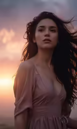 woman in a dress with long hair, standing against the sunset