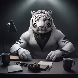 a man in a suit and tiger mask is sitting at a table