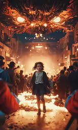 the girl is walking down the hall in front of the fire