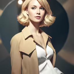 a model is shown wearing a beige jacket