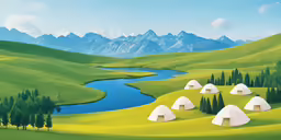 a painting of several thatched tents and a body of water
