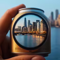 a hand holds a camera with a city skyline and harbor visible through it