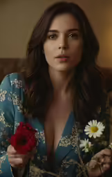 woman with large breast holding a red flower