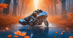 an abstract motorcycle riding on a trail through a forest