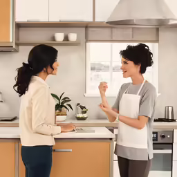 two women standing at the kitchen counter having a conversation