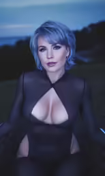 a woman with blue hair and black lingerie