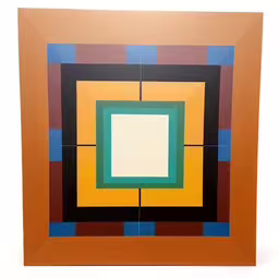 an abstract painting, with different colors and shapes,an abstract painting of squares and rectangles,the square is painted like it has been placed in a large geometric design,an art work that appears to be a modern geometrical style,a photo with many squares painted on it