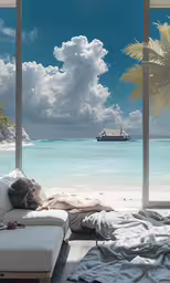 a woman is laying on the bed watching the boat go by
