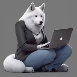 the dog in a suit is working on his laptop