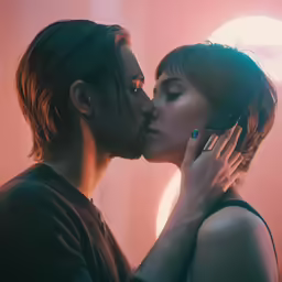 a man is kissing the woman with her head in his hands