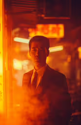 a man in a suit and tie standing next to a sign,a young man in a dark suit and tie
