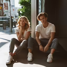 a man and a woman posing on the sidewalk