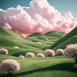 some bushes and trees on a green hill