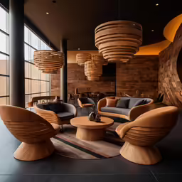 a living room with a round couch and wooden chairs