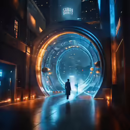 the city is lit up at night with people walking through it