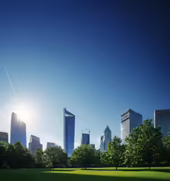 sunbeam over a city park in the early afternoon