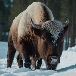 a large buffalo walking on a snow covered mountain