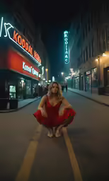 a woman wearing a red dress crouching on a city street