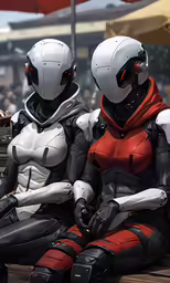 two men in motorcyclists outfits sit on the ground