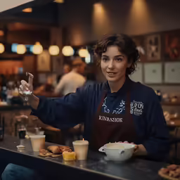 a woman holding a spoon posing in front of food