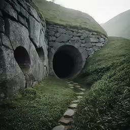 a tunnel with green roof near grassy hill