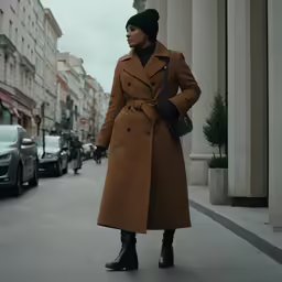 woman in brown trench coat on street corner