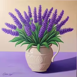 a painting of some purple flowers in a white vase