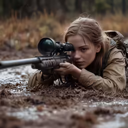 a woman with a gun laying in the mud