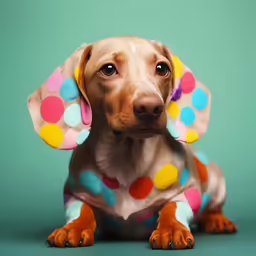 a small dog in a polka dot jacket