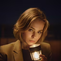 a woman in a suit holding a candle