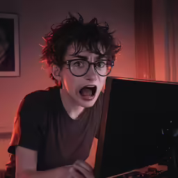 a boy that is looking surprised by a computer screen