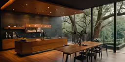 a kitchen has large windows and an abundance of natural greenery