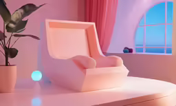 a pink chair next to a potted plant on a table
